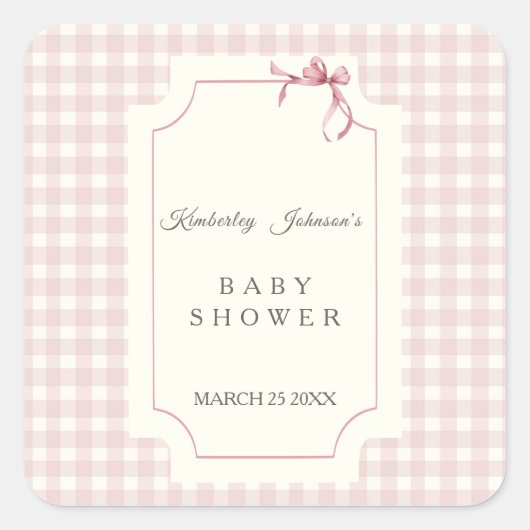 Pink Gingham met Bow-Baby shower Vierkante Sticker (Voorkant)