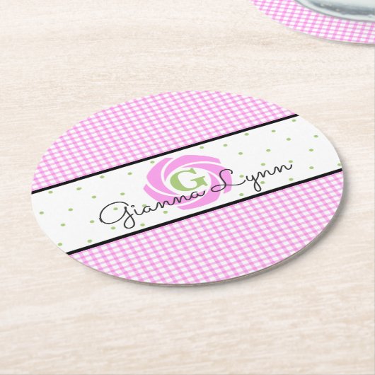 Pink Gingham Monogram Ronde Kartonnen Onderzetter (Gebogen)