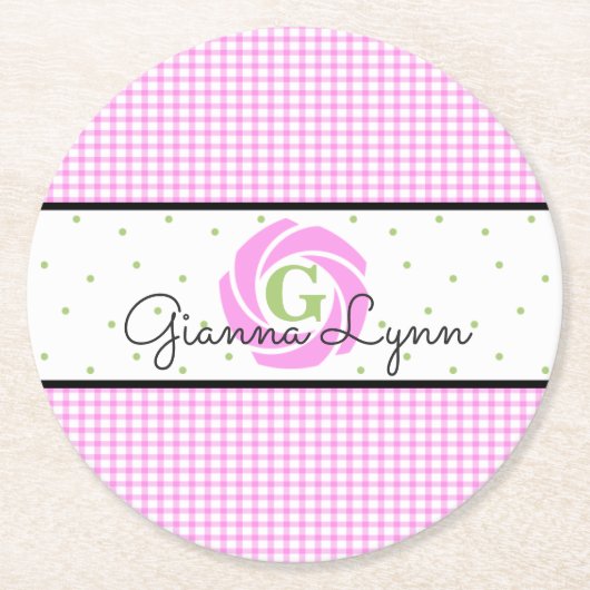 Pink Gingham Monogram Ronde Kartonnen Onderzetter (Voorkant)