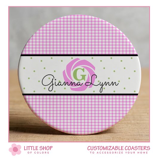 Pink Gingham Monogram Ronde Kartonnen Onderzetter