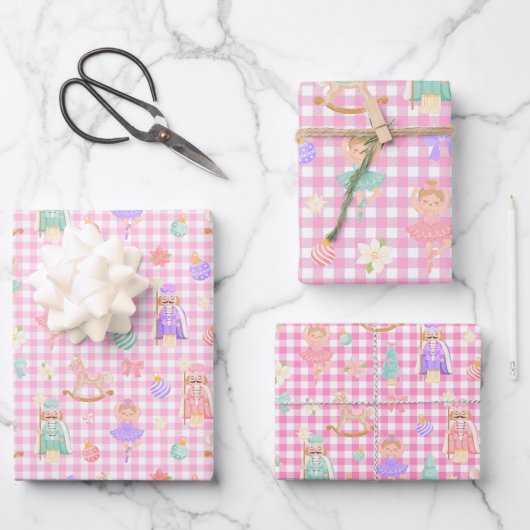 Pink Gingham Nutcracker Birthday Inpakpapier Vel (Voorkant)