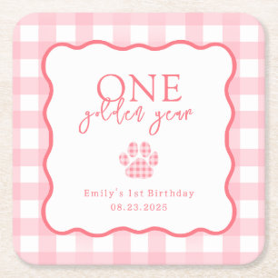 Pink Gingham One Golden Year Girls eerste verjaard Kartonnen Onderzetters