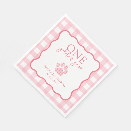 Pink Gingham One Golden Year Girls First Birthday Servet (Hoek)