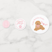 Pink Gingham One Golden Year Puppy Birthday Table Confetti (Voorkanten)