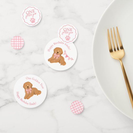 Pink Gingham One Golden Year Puppy Birthday Table Confetti (Groep)