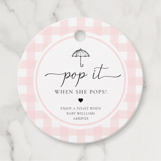 Pink Gingham paraplu Pop het als ze Poppen Bedankjes Labels (Voorkant)