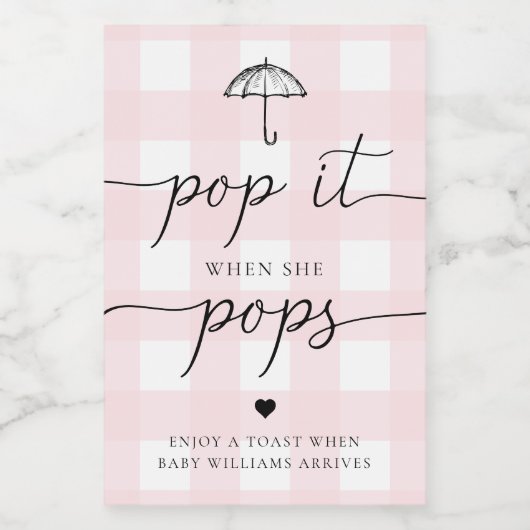 Pink Gingham paraplu Pop het als ze Poppen Wijn Etiket (Enkel label)
