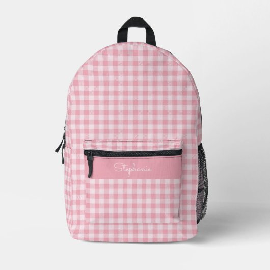 Pink Gingham Pattern Girly Checkered Plaid Name Bedrukte Rugzak (Voorkant)