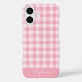 Pink Gingham Pattern Girly Checkered Plaid Name iPhone 16 Hoesje