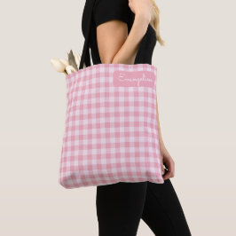 Pink Gingham Pattern Girly Checkered Plaid Name Tote Bag