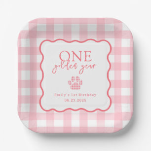Pink Gingham Paw Print Meisjes Eerste Verjaardagsf Papieren Bordje