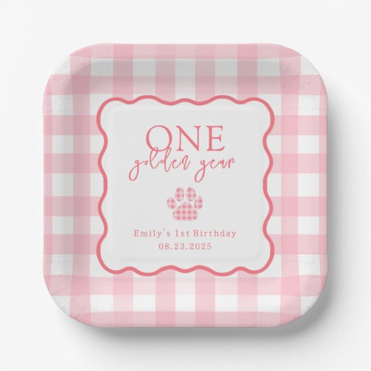 Pink Gingham Paw Print Meisjes Eerste Verjaardagsf Papieren Bordje (Voorkant)