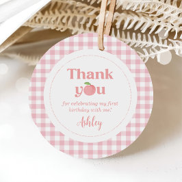 Pink Gingham Peach eerste verjaardag Bedankjes Labels