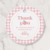 Pink Gingham Peach eerste verjaardag Bedankjes Labels (Voorkant)