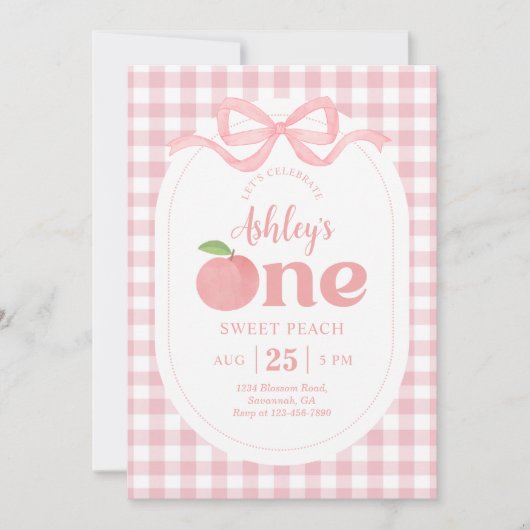 Pink Gingham Peach eerste verjaardag Kaart (Voorkant)