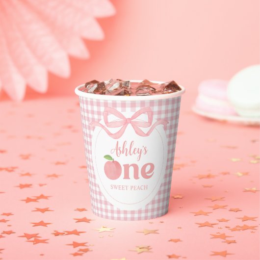 Pink Gingham Peach eerste verjaardag Papieren Bekers (Insitu)