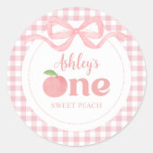 Pink Gingham Peach eerste verjaardag Ronde Sticker (Voorkant)