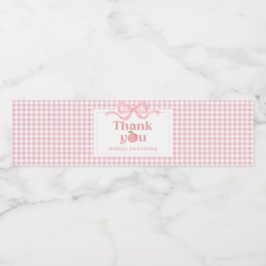 Pink Gingham Peach eerste verjaardag Waterfles Etiket (Enkel label)