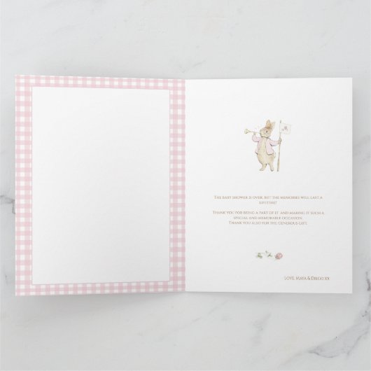 Pink Gingham Peter het Konijnenmonogram Baby showe Bedankkaart (Binnen)