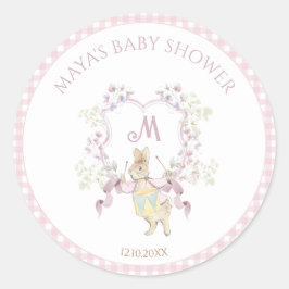 Pink Gingham Peter het Konijnenmonogram Baby showe Ronde Sticker