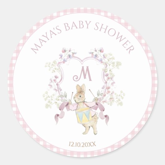 Pink Gingham Peter het Konijnenmonogram Baby showe Ronde Sticker (Voorkant)