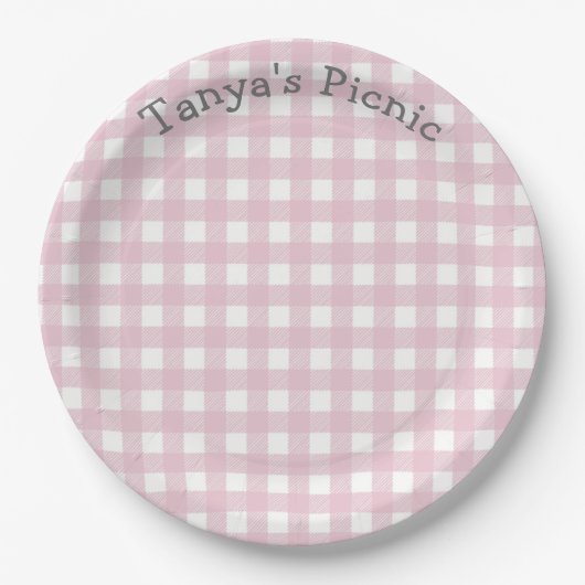 Pink Gingham Picnic Print Baby Birthday Party Papieren Bordje (Voorkant)