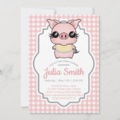 Pink Gingham Piggy Baby shower Invitation Kaart (Voorkant)