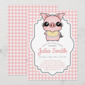 Pink Gingham Piggy Baby shower Invitation Kaart (Voorkant / Achterkant)