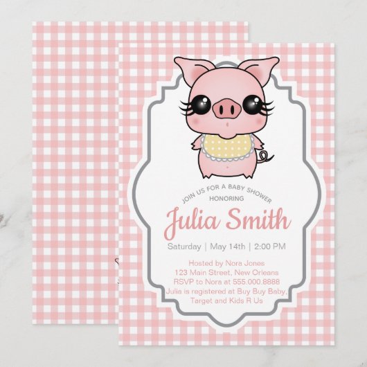 Pink Gingham Piggy Baby shower Invitation Kaart (Voorkant / Achterkant)
