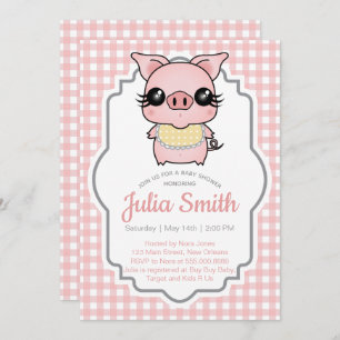 Pink Gingham Piggy Baby shower Invitation Kaart