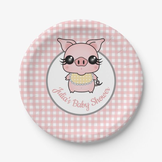Pink Gingham Piggy Baby shower Papieren Bordje (Voorkant)