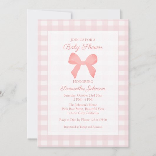 Pink Gingham Pink Bow Baby shower Kaart (Voorkant)