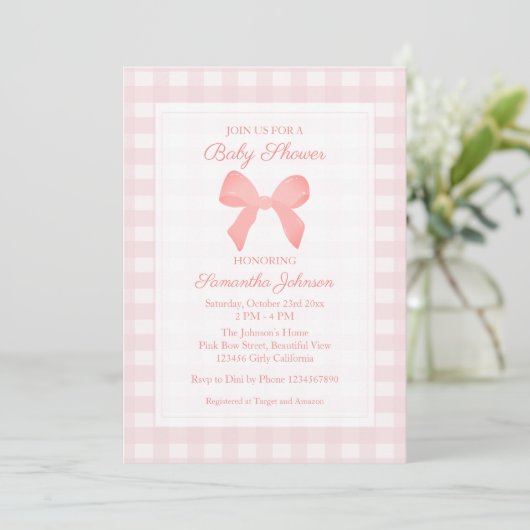 Pink Gingham Pink Bow Baby shower Kaart (Staand voorkant)