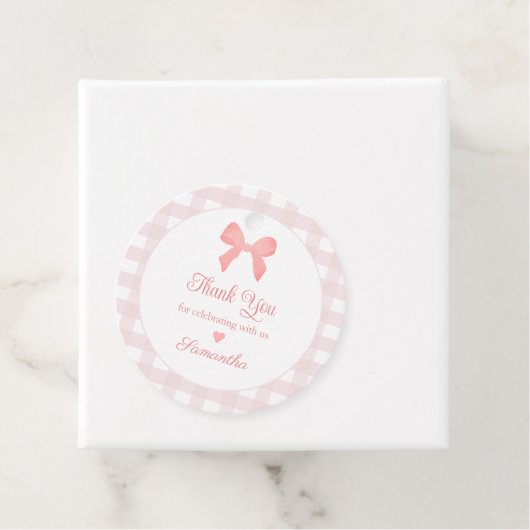 Pink Gingham Pink Bow Verjaardag Bedankjes Labels (In situ)