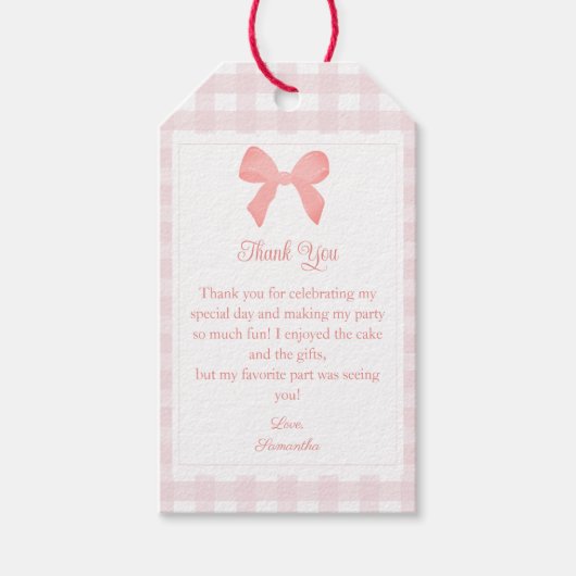 Pink Gingham Pink Bow Verjaardag Cadeaulabel (Voorkant)