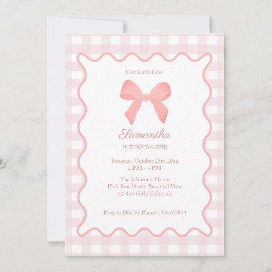 Pink Gingham Pink Bow Verjaardag Kaart (Voorkant)