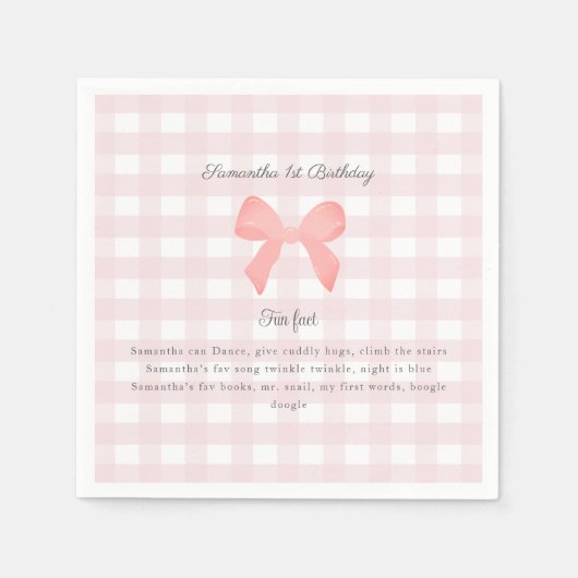 Pink Gingham Pink Bow Verjaardag Leuk feit Servet (Voorkant)