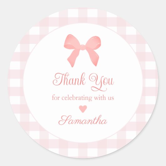 Pink Gingham Pink Bow Verjaardag Ronde Sticker (Voorkant)