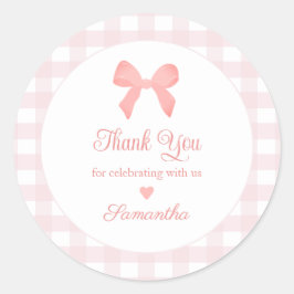 Pink Gingham Pink Bow Verjaardag Ronde Sticker