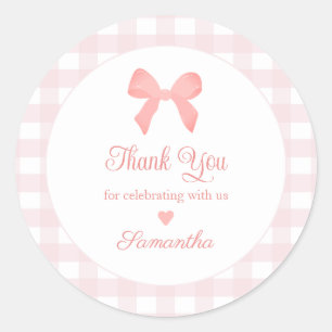 Pink Gingham Pink Bow Verjaardag Ronde Sticker