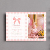 Pink Gingham Pink Bow Verjaardagsfoto Kaart