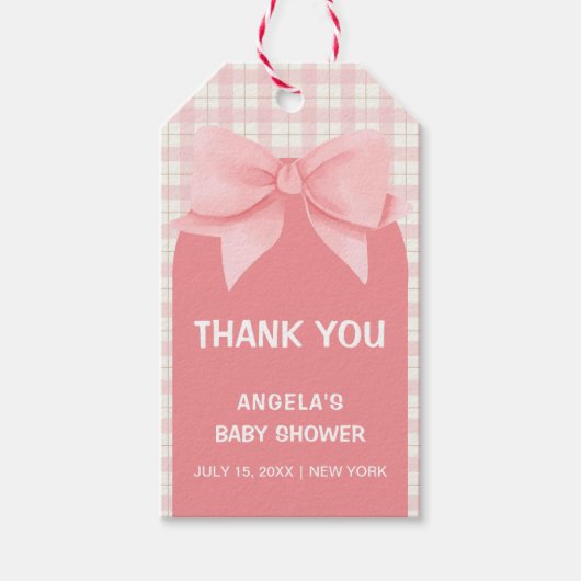 Pink Gingham Plaid Arch Bow Baby shower Bedankt Cadeaulabel (Voorkant)