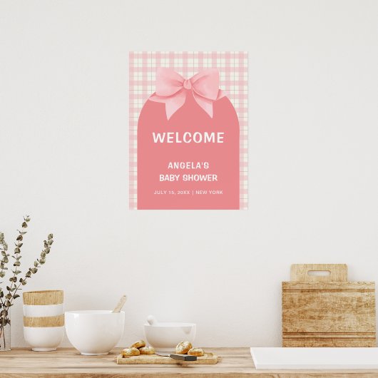 Pink Gingham Plaid Arch Bow Baby shower Welkom Poster (Keuken)