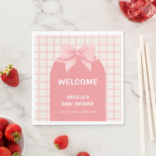 Pink Gingham Plaid Arch Bow Baby shower Welkom Servet (Insitu)