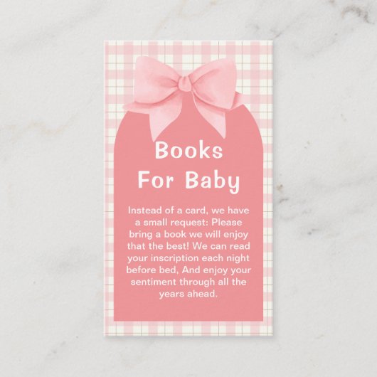 Pink Gingham Plaid Arch Bow Boeken voor Baby showe Informatiekaartje (Voorkant)