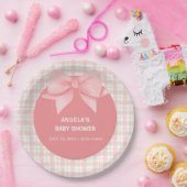 Pink Gingham Plaid Bow Baby shower Papieren Bordje (Feest)