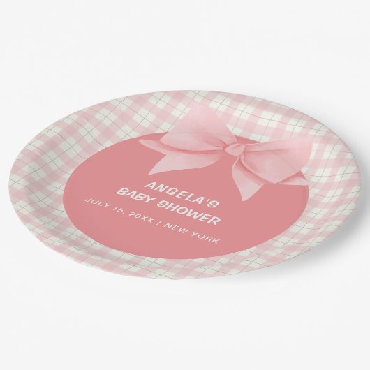 Pink Gingham Plaid Bow Baby shower Papieren Bordje (Gekanteld)
