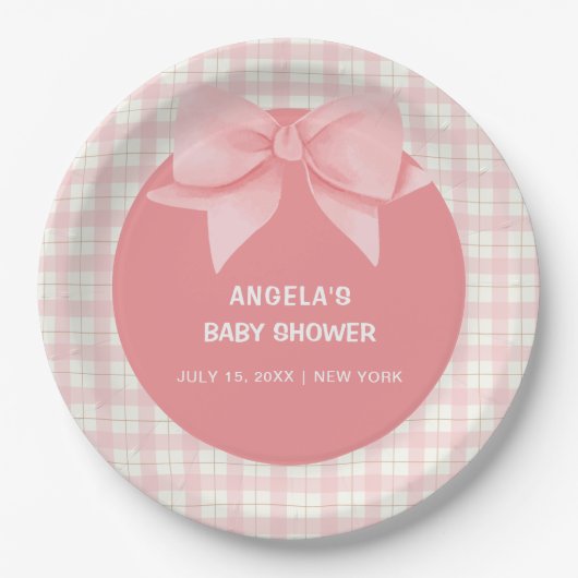 Pink Gingham Plaid Bow Baby shower Papieren Bordje (Voorkant)