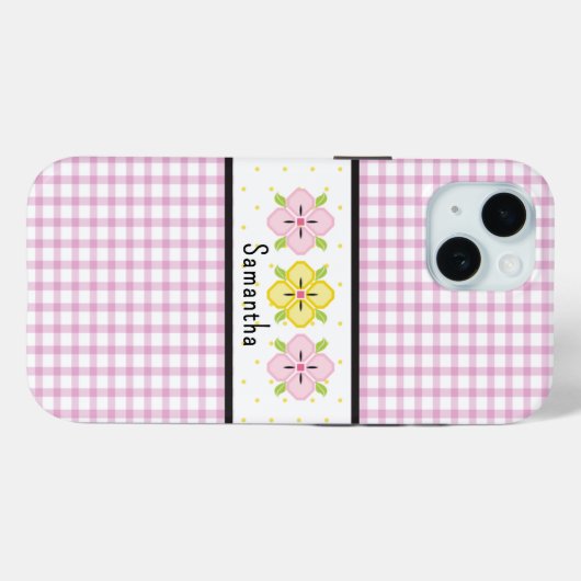 Pink Gingham Plaid Floral Monogram Case-Mate iPhone Case (Achterkant (horizontaal))