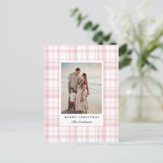 Pink Gingham Plaid Tartan Kerstkaart Feestdagenkaart (Staand voorkant)